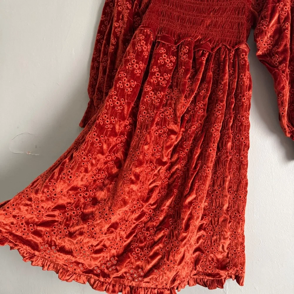 ASOS velvet broderie shirred midi dress burnt red eyelet lace long sleeve US6 - Picture 10 of 13